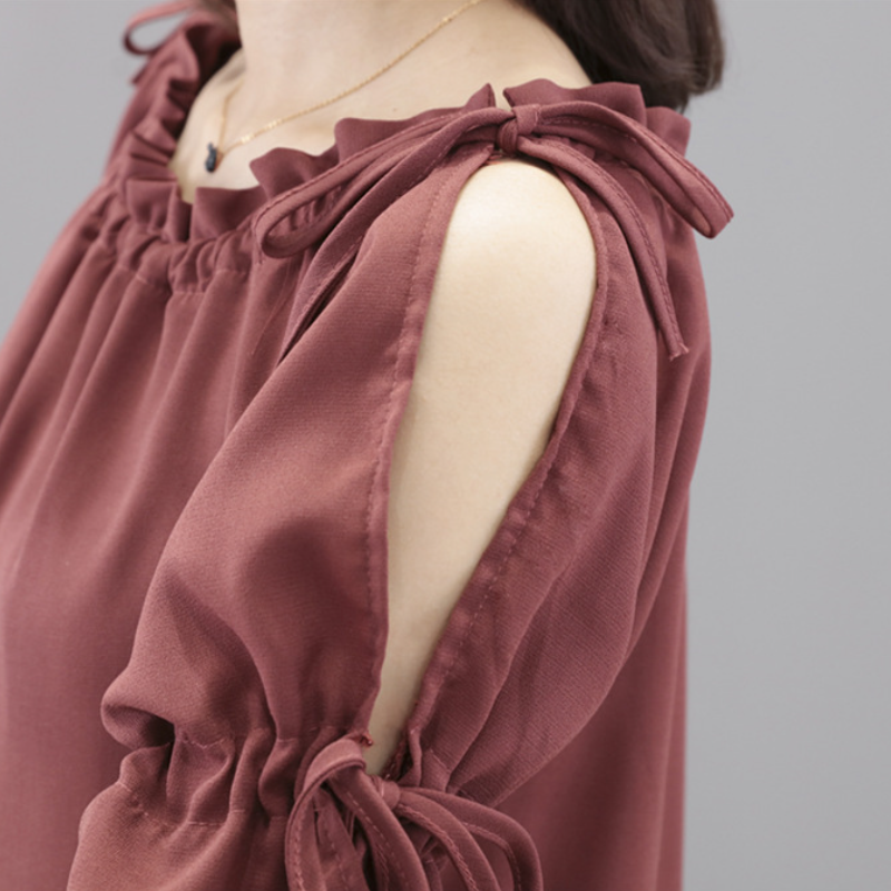 韓版繫帶鏤空寬鬆雪紡衫