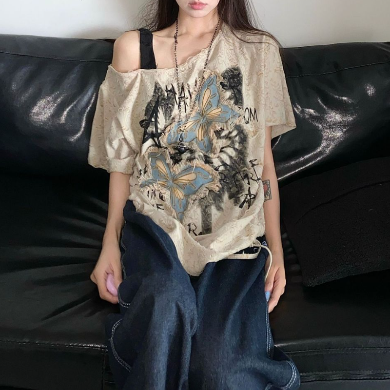 美式復古蝴蝶印花寬鬆長版T恤 個性設計感 休閒百搭上衣