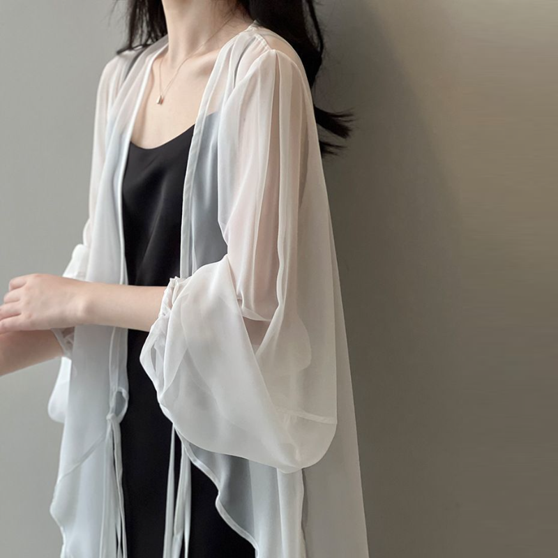 法式文青抗UV罩衫 冰絲雪紡防曬工藝小隻女顯高