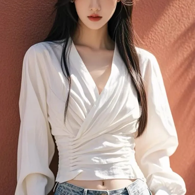 白色V領抽褶襯衫 早秋新款 法式設計感 輕熟有型