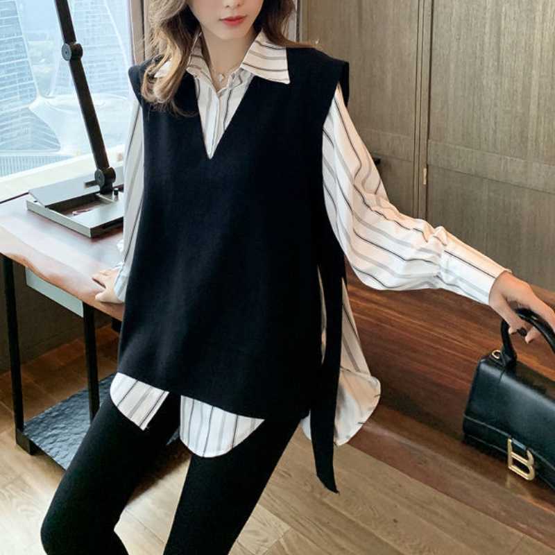 韓系 ‧ 條紋襯衫上衣+黑色針織背心兩件套