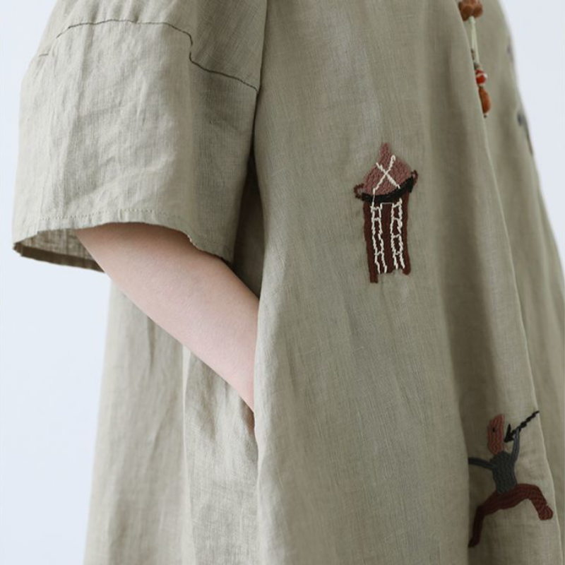 夏季森系刺繡連身裙 圓領寬鬆A字版型 文青甜美洋裝