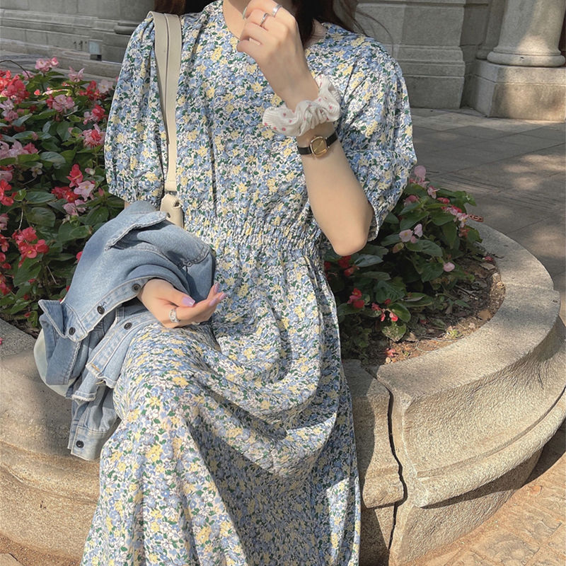 溫柔毆膩浪漫出遊·泡泡袖碎花連身長裙 甜美顯瘦法式氣質洋裝