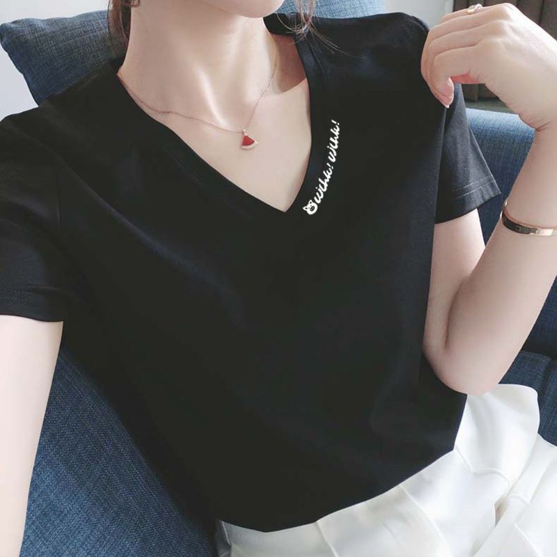 S-4XL/ 棉質 正肩短袖T恤 韓國顯瘦剪裁 V領微甜心機