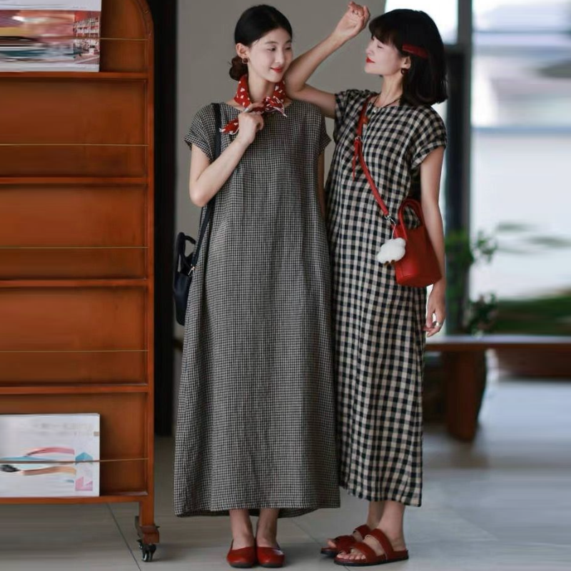 棉麻格紋無袖長洋裝 復古文青風