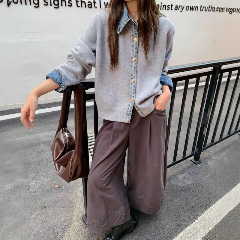 韓系牛仔拼接針織外套 厚磅質感 層次襯領設計