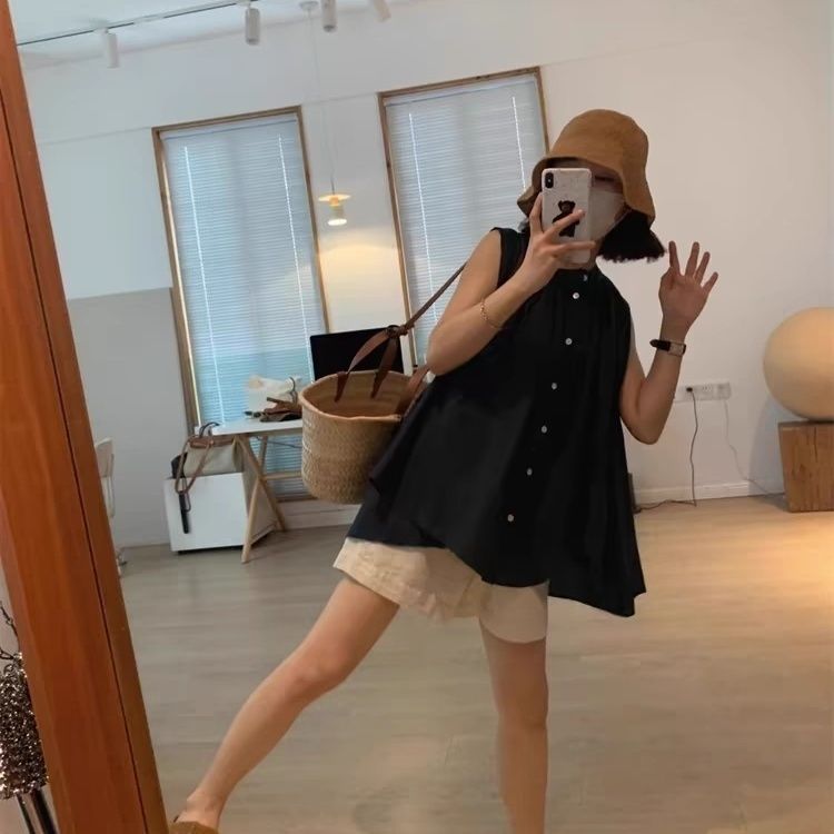 春夏無袖寬鬆版型素色襯衫 減齡顯瘦高級氣質感