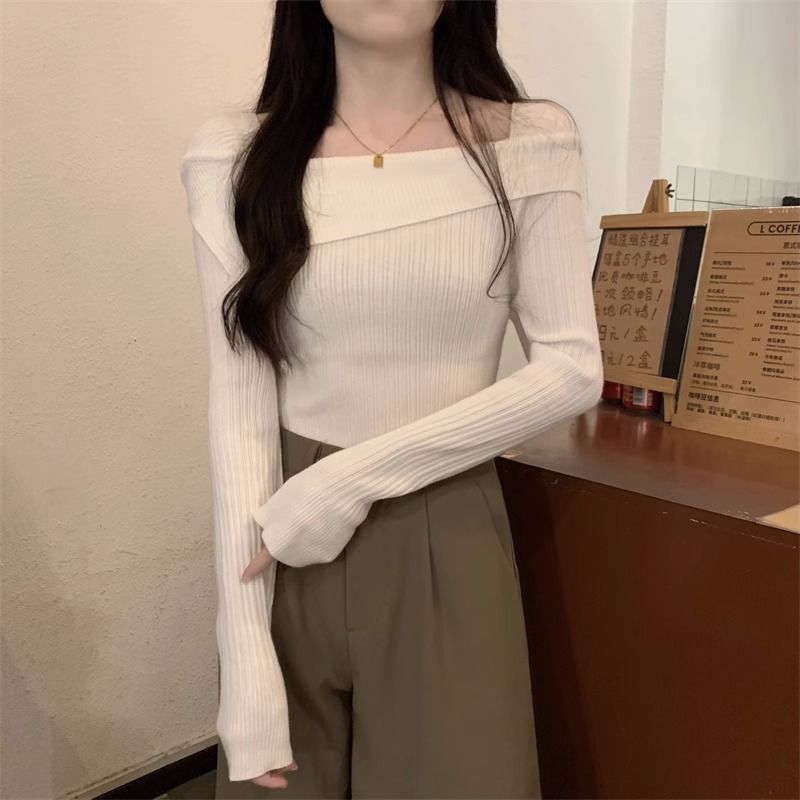 法式一字領針織上衣 春秋長袖 羅紋彈性 韓系慵懶 合身顯瘦