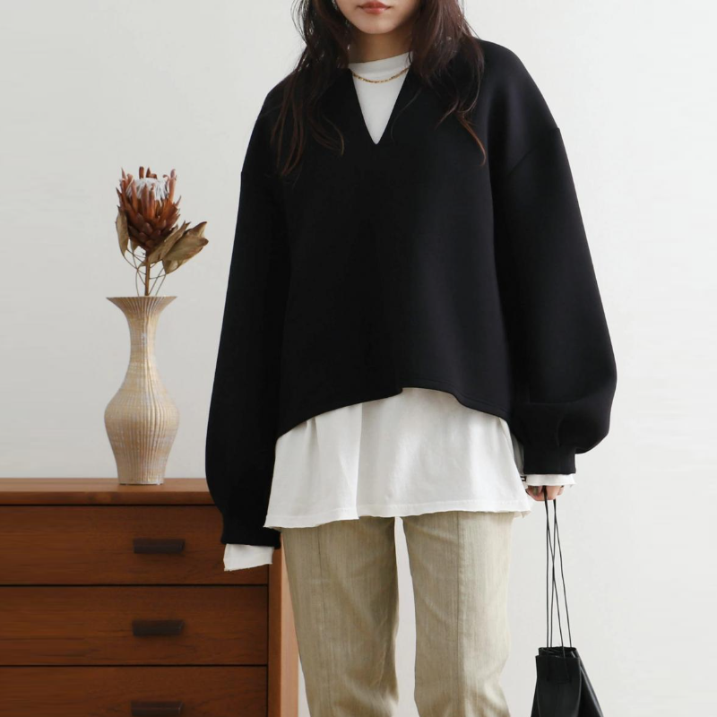 3色樂天日系寬鬆V領燈籠袖上衣-秋冬時尚百搭外套