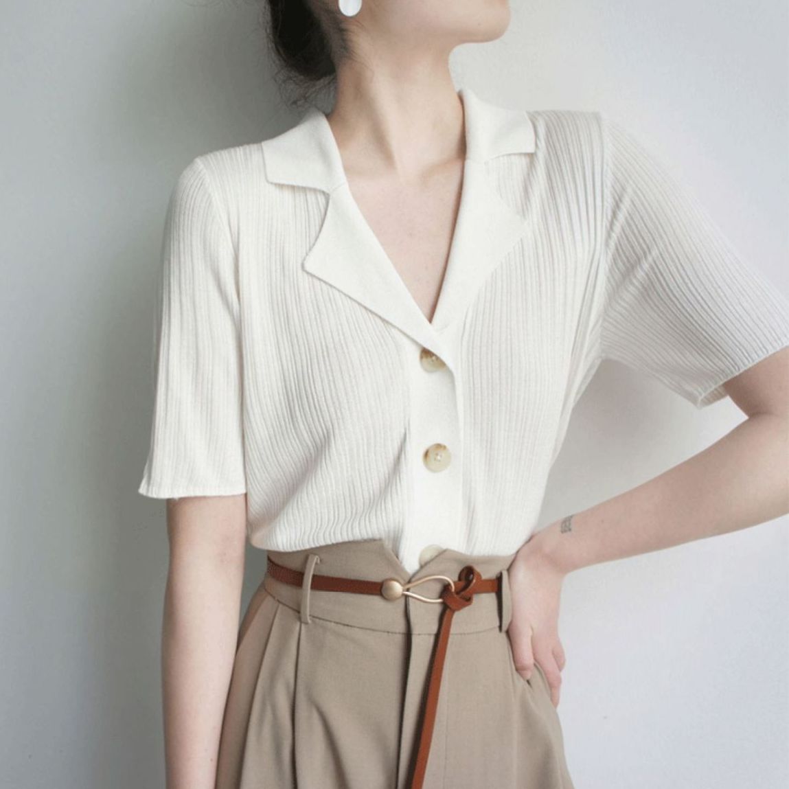 冰絲v領polo衫 針織開襟衫罩衫 薄款高級感上衣