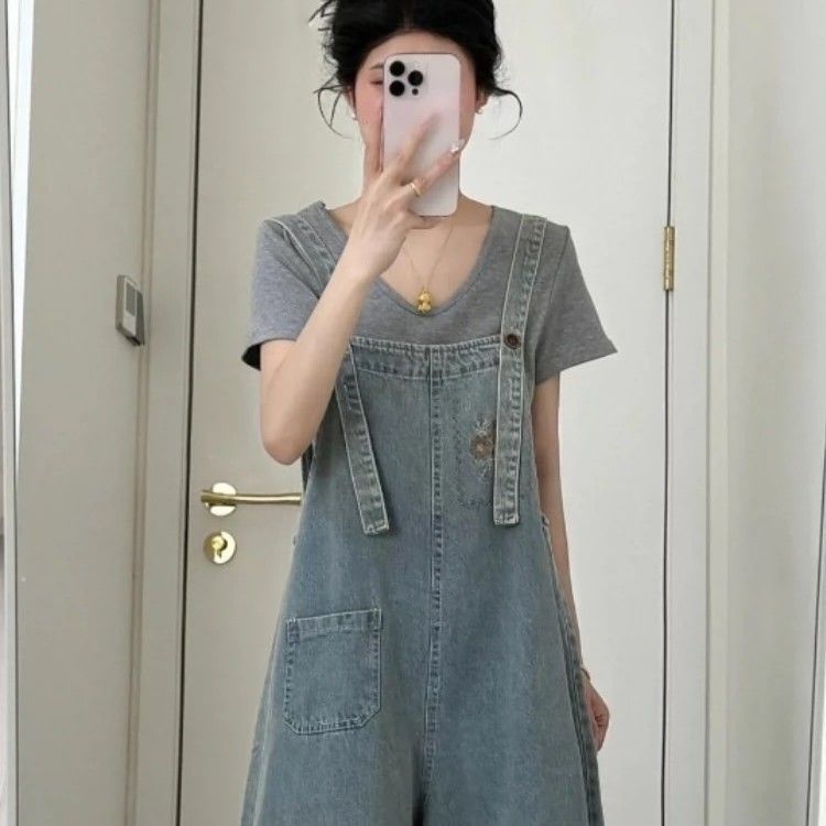 文青復古牛仔背帶褲 春夏逆齡鹽洗工藝牛仔寬褲 偽腰封高腰A字剪裁