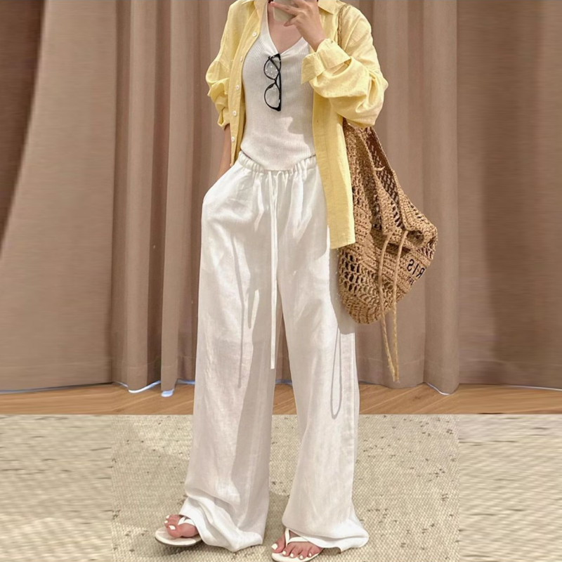 藏青亞麻混紡涼感寬褲 夏季高腰 垂墜感 直筒寬鬆 顯瘦長褲