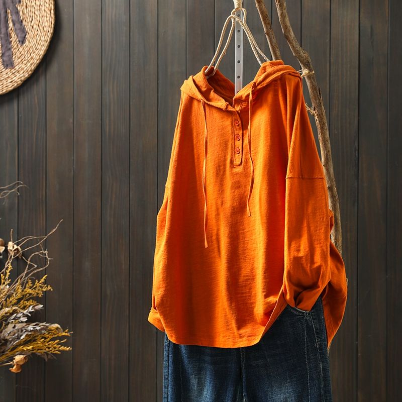 竹節棉連帽TEE文藝復古 長袖春裝新款寬鬆大版型遮肉上衣