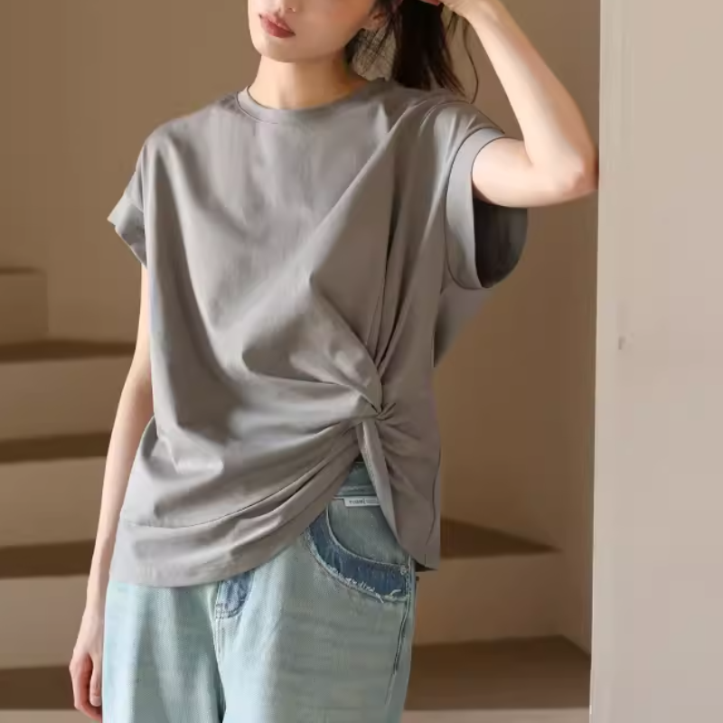 設計感純棉獨特褶皺不規則圓領短袖T恤 半袖上衣