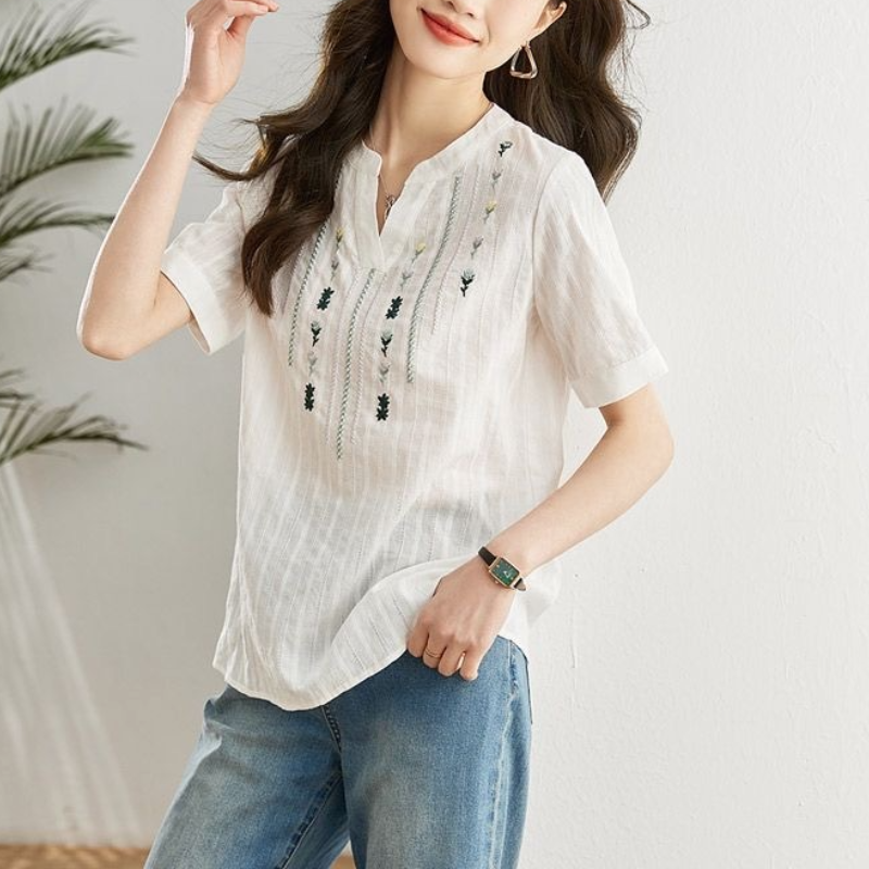 簡約純棉刺繡白色襯衫 百搭短袖寬鬆民族風V領上衣