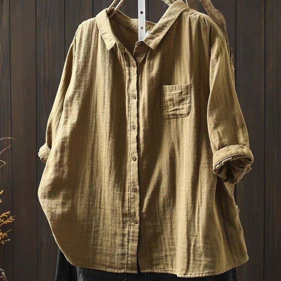 雙層棉紗寬鬆襯衫 五分袖設計 文青休閒百搭上衣