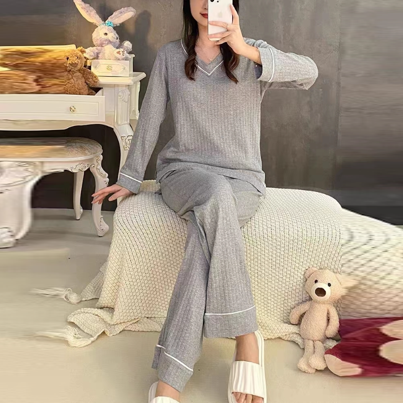 春秋款女士長袖條紋睡衣套裝清新風格家居服