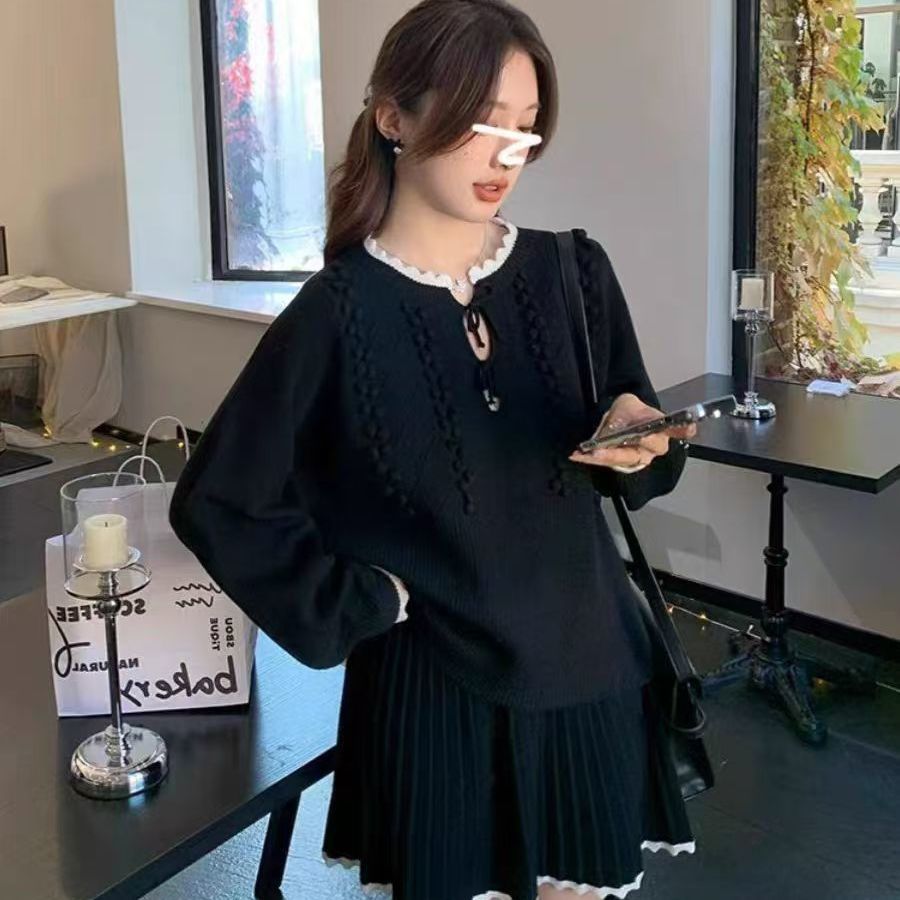 溫柔系針織套裝 蝴蝶結織紋上衣＋百褶裙 兩件式 顯瘦減齡