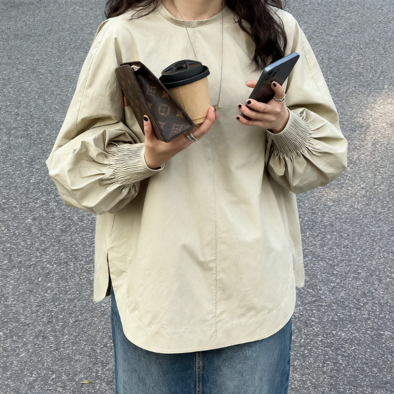 法式燈籠袖上衣 秋季新款 韓系寬鬆 插肩袖 套頭中長版 彈性縮口