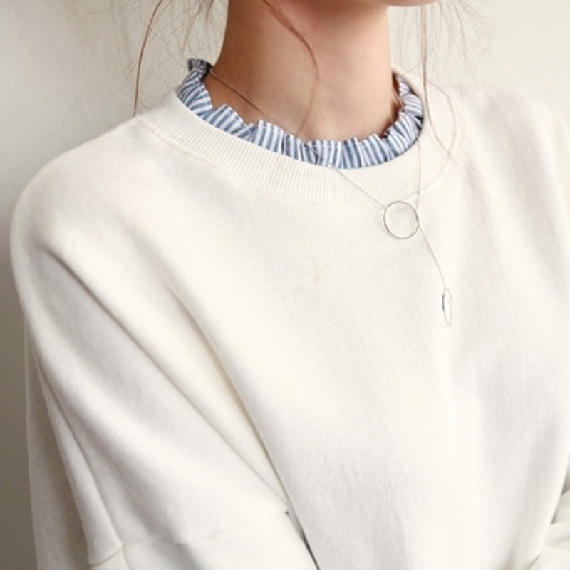 【春人気商品】【2色/M-2XL】薄款假兩件圓領白色TEE襯衫 韓版條紋寬鬆上衣