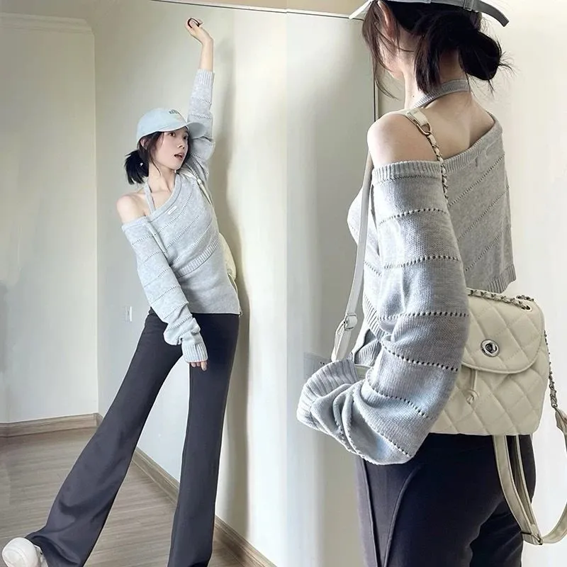 韓系設計感掛脖背心+針織上衣兩件組 鏤空短版層次穿搭款