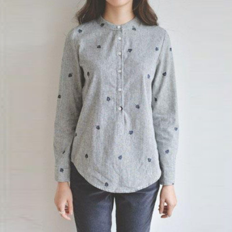 春秋立領條紋襯衫 長袖寬鬆顯瘦簡約通勤韓版上衣