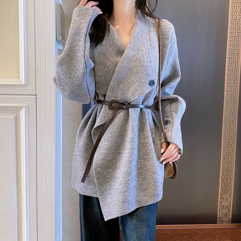 韓系V領針織外套＋高腰寬褲牛仔 兩件套 灰色上衣 綁帶設計