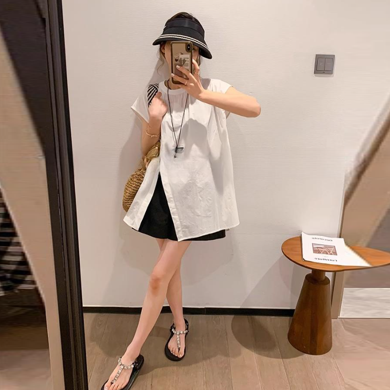 不規則側開高衩飛袖襯衫 夏季寬鬆設計感休閒氣質上衣