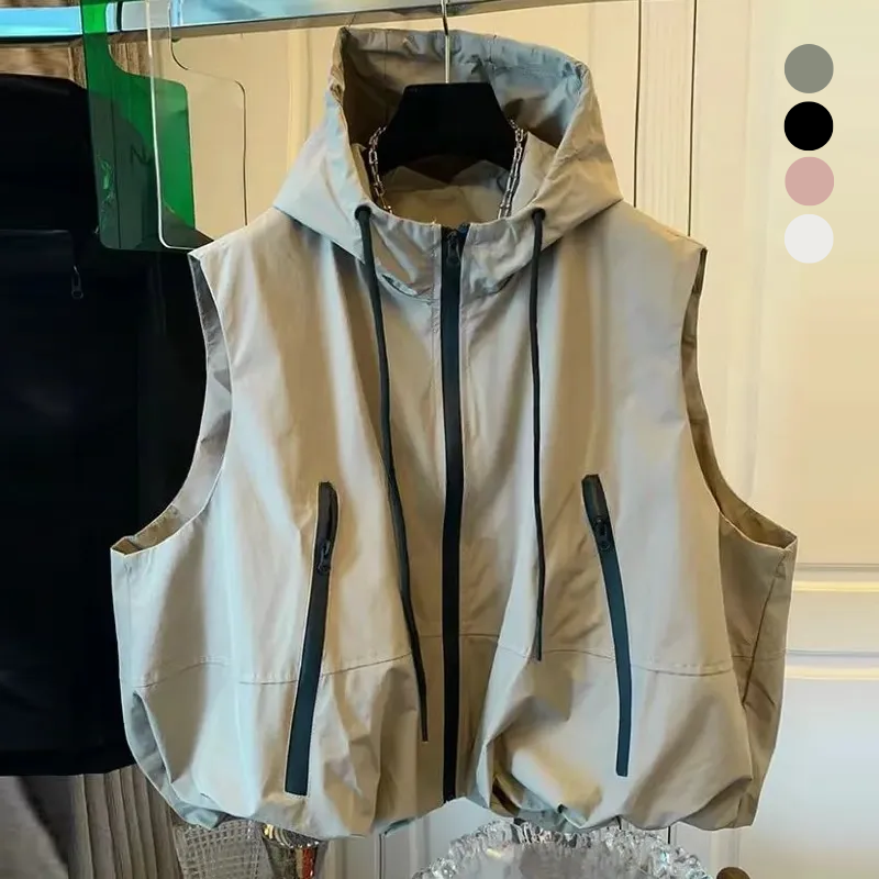 連帽機能背心外套 工裝風 衝鋒衣材質 可疊穿 寬鬆顯瘦