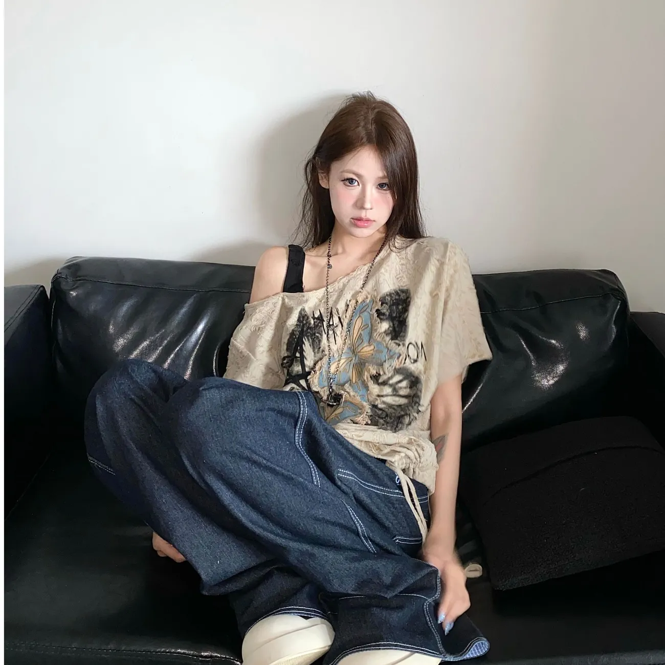 美式復古蝴蝶印花寬鬆長版T恤 個性設計感 休閒百搭上衣