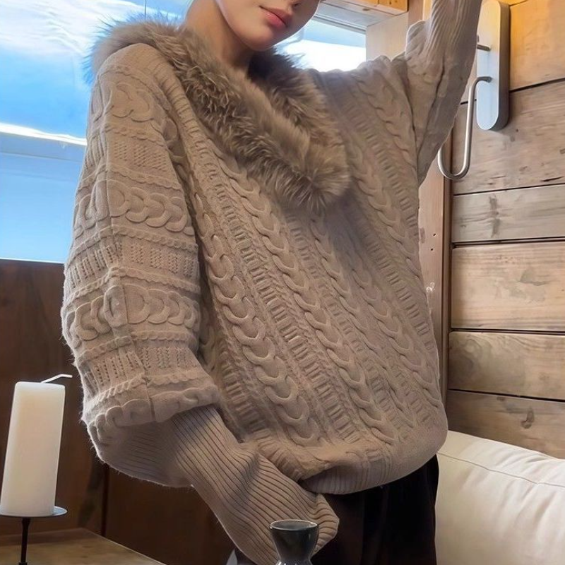 法式V領仿毛領針織上衣 蝙蝠袖 寬鬆版型 秋冬保暖高質感