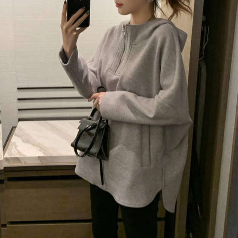 冬季韓系連帽帽T 寬鬆顯瘦拉鍊外套 設計感上衣