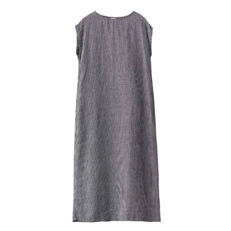 棉麻格紋無袖長洋裝 復古文青風