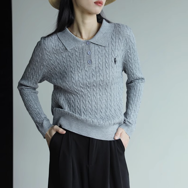 復古灰色翻領刺繡針織衫 通勤麻花毛衣顯瘦上衣