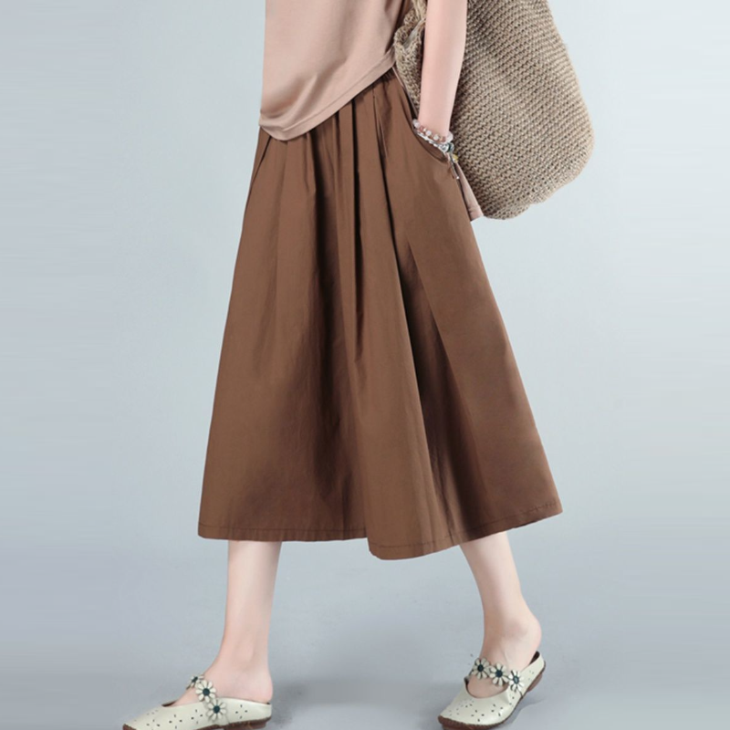 純棉寬版中長褲 鬆緊腰設計 文青休閒風