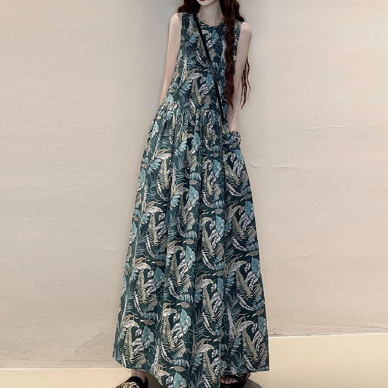 文青系必收 赫本復古長洋裝 韓系A字寬版遮小腹顯瘦裙 透氣背心式連身裙 森女風長版過膝洋裝