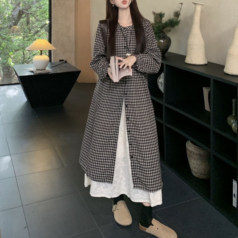 日系復古格紋襯衫洋裝 長袖寬鬆 可層次穿搭 慵懶風（嬌小友善）