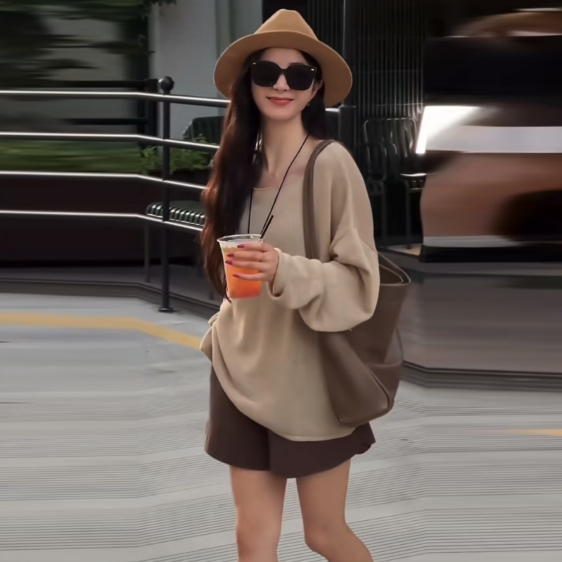 早秋三件式套裝 背心外套＋針織長袖上衣＋仿皮短褲 休閒寬鬆 顯瘦成套