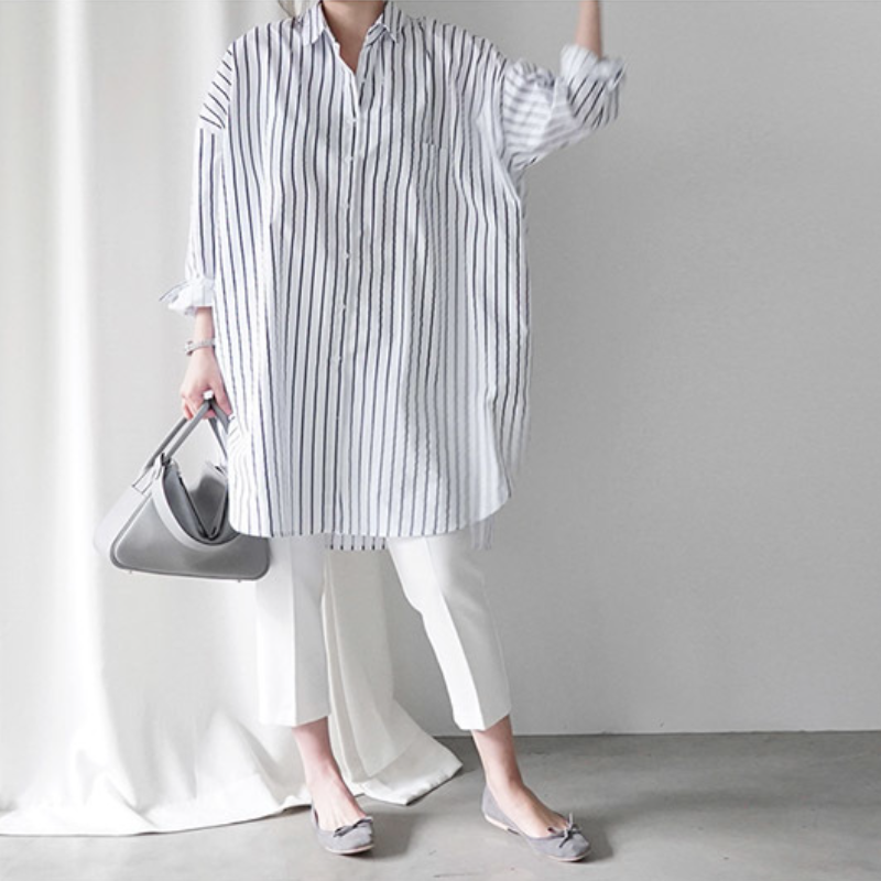 韓系純棉寬鬆版型條紋罩衫襯衫 過膝藏肉剪裁 慵懶風寬袖翻領上衣外套