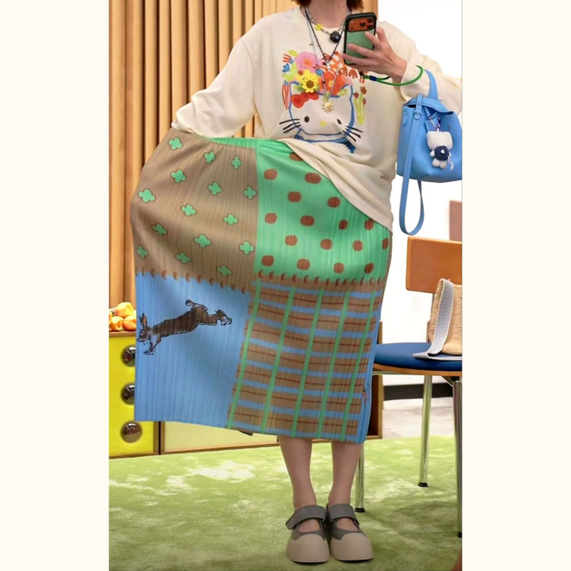 文藝印花壓褶長裙 格紋拼接設計 氣質感直筒裙