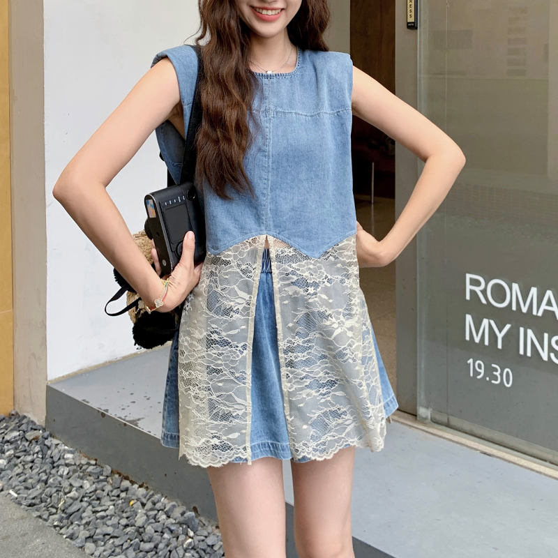 韓系穿搭古董蕾絲馬甲 × 丹寧短褲​度假組​