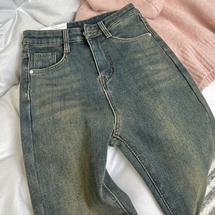 內刷毛加厚牛仔褲 復古藍 高腰直筒×微喇 靴型褲口 冬季保暖 顯瘦修飾