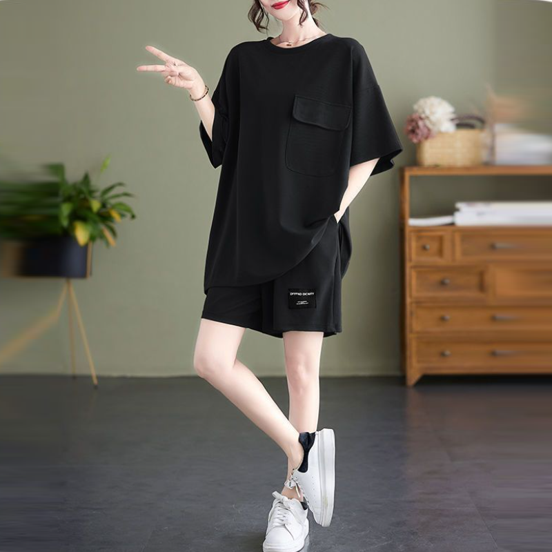 大尺碼素色短袖短褲兩件套 寬鬆顯瘦休閒家居套裝
