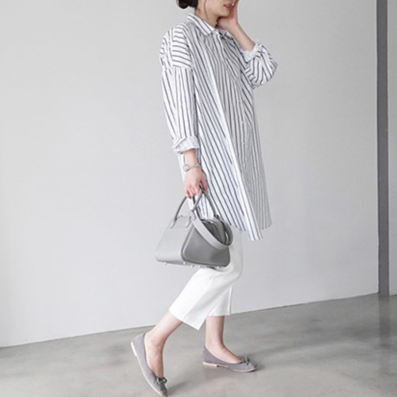 韓系純棉寬鬆版型條紋罩衫襯衫 過膝藏肉剪裁 慵懶風寬袖翻領上衣外套