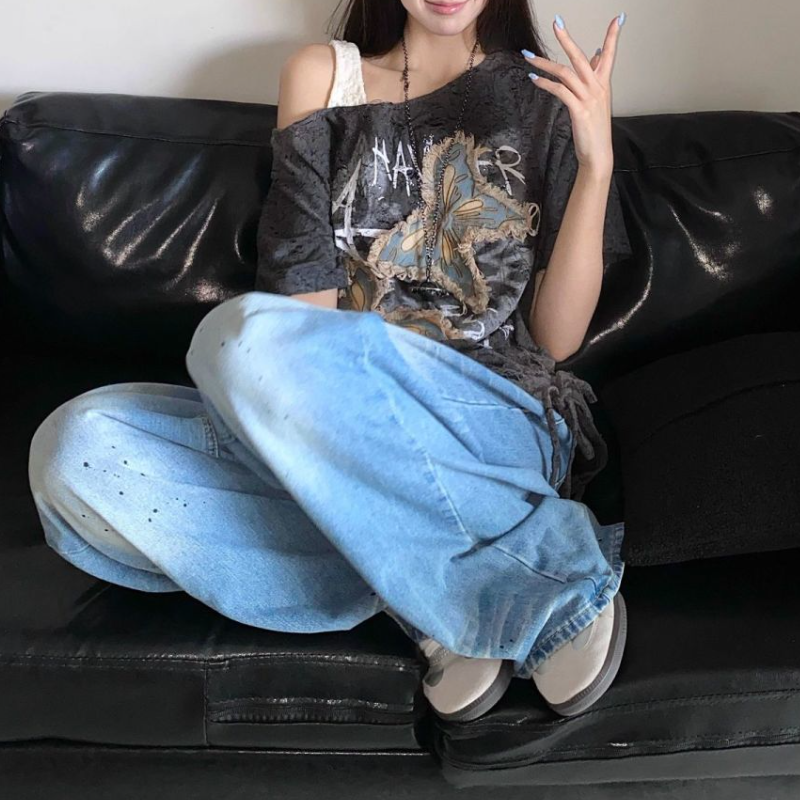 美式復古蝴蝶印花寬鬆長版T恤 個性設計感 休閒百搭上衣