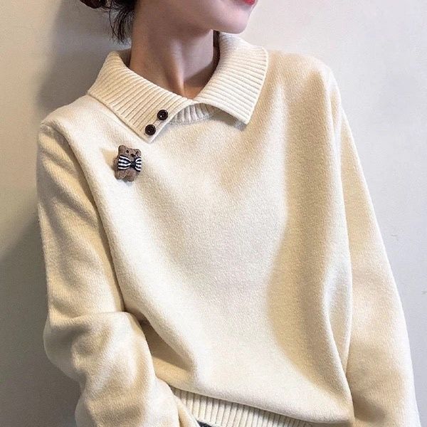 POLO領設計感針織上衣 卡通胸針造型 秋冬氣質毛衣