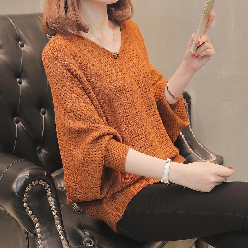 寬鬆蝙蝠袖洞洞毛衣 V 領鏤空針織上衣 韓系休閒