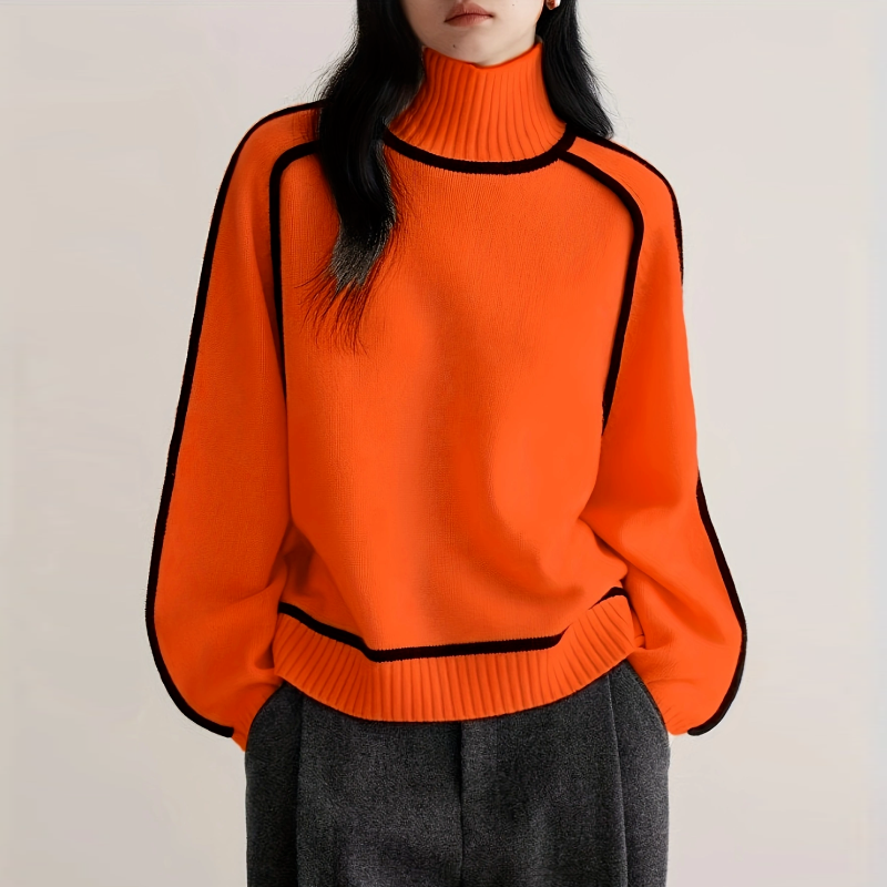 高領插肩針織毛衣 法式感燈籠袖 滾邊設計 寬鬆版型