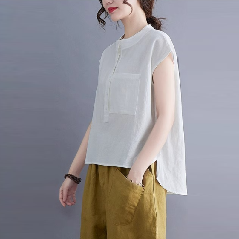 夏季棉麻無袖上衣｜文青風立領素色寬版襯衫 大尺碼百搭款