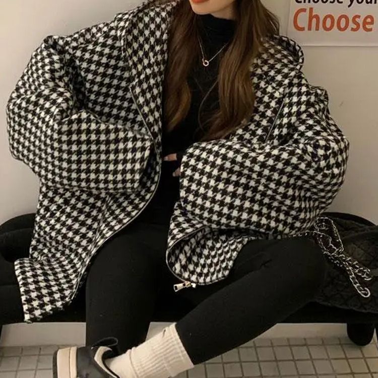 復古千鳥格連帽寬鬆呢料外套-小香風春秋大衣